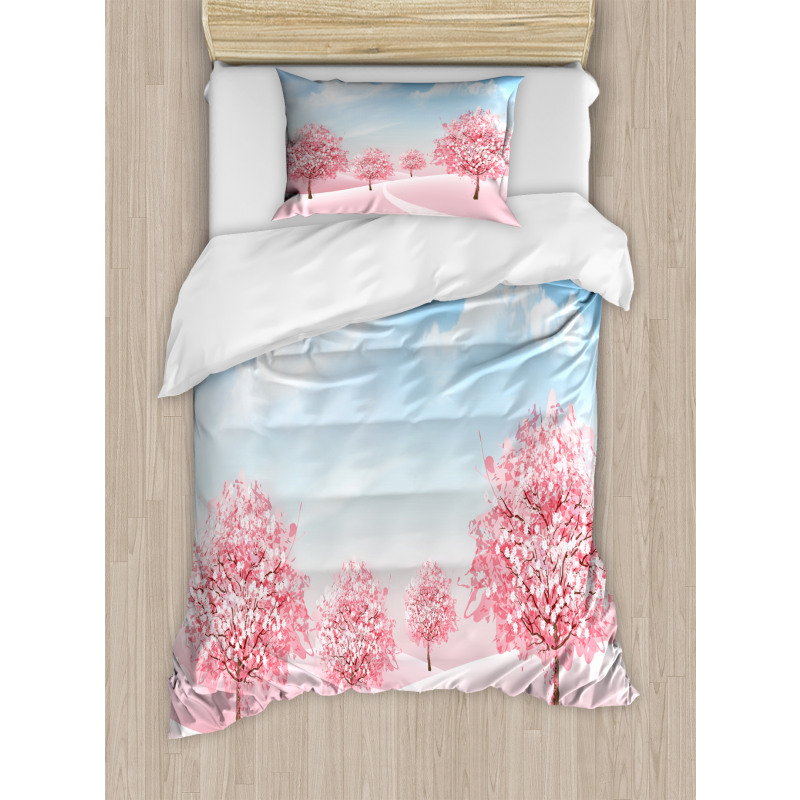 Blooming Sakura Trees Scene Duvet Cover Set