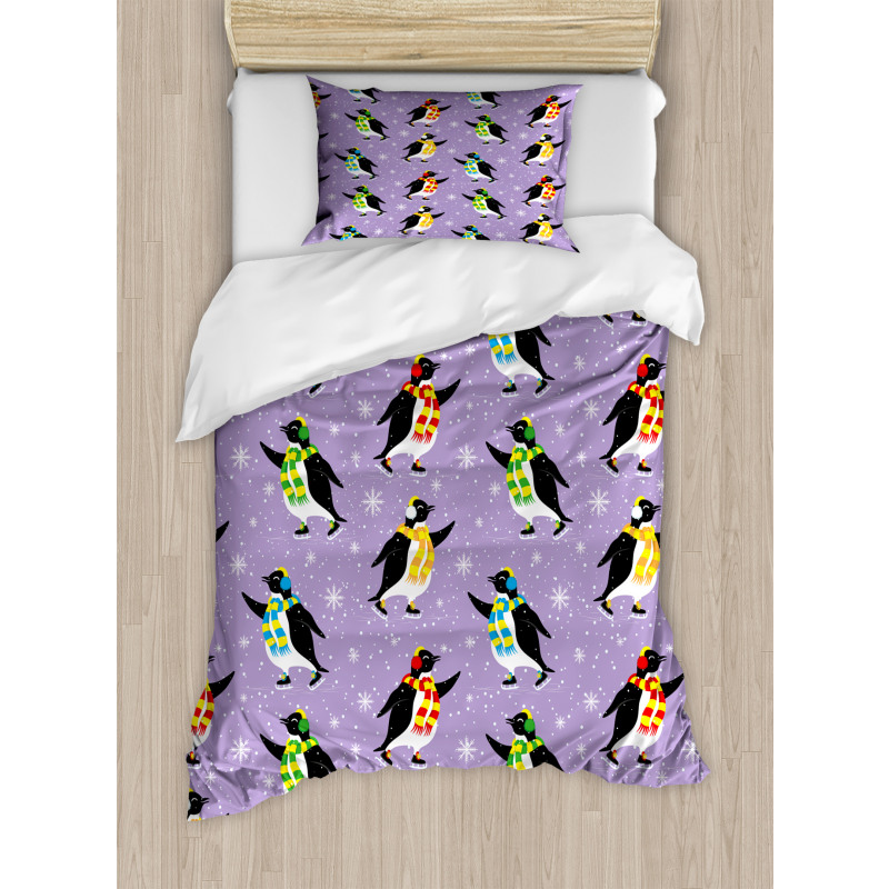 Penguins Skating Snowflakes Duvet Cover Set