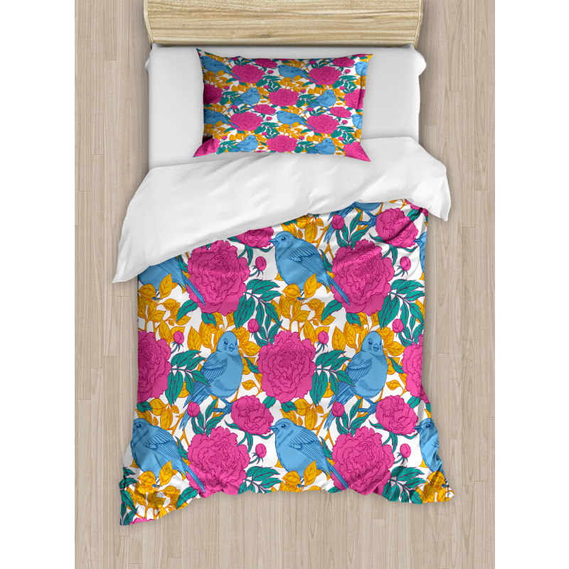 Spring Peony Blossoms Leaves Duvet Cover Set