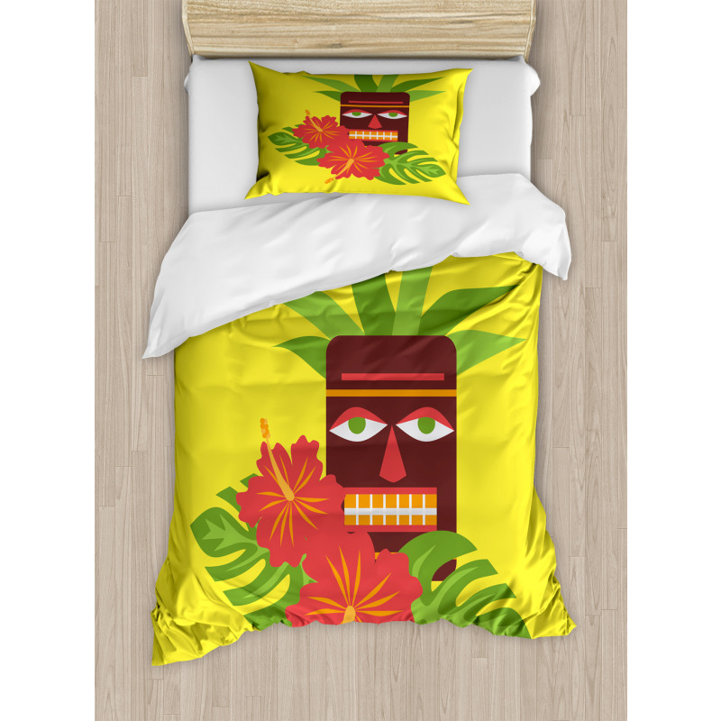 Tiki Mask and Exotic Hibiscus Duvet Cover Set