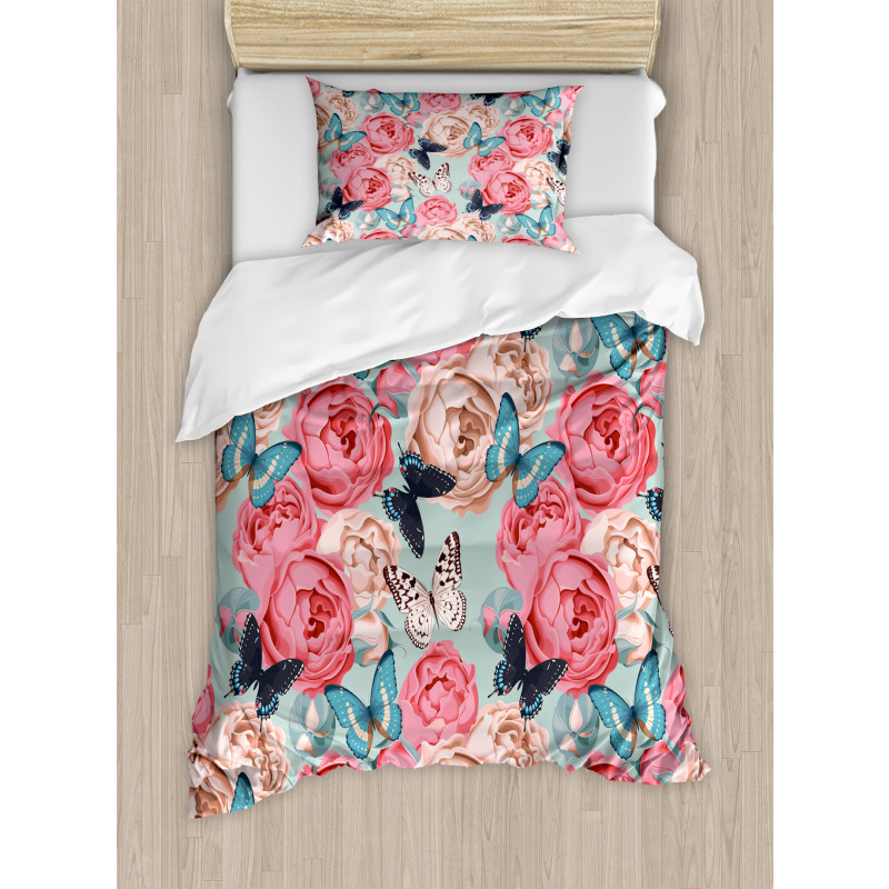 Peony Rose Butterflies Duvet Cover Set