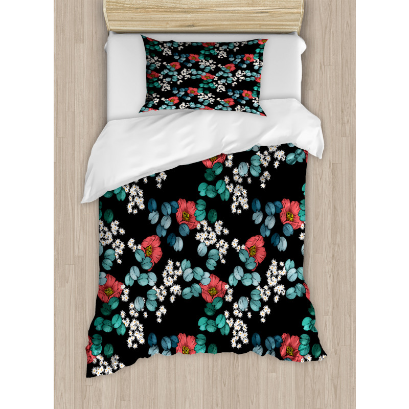 Peony Daisy and Leaves Art Duvet Cover Set