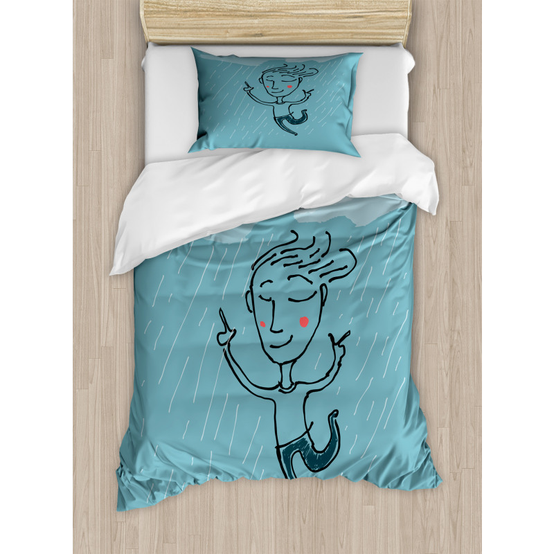 Hand Drawn Man Under the Rain Duvet Cover Set