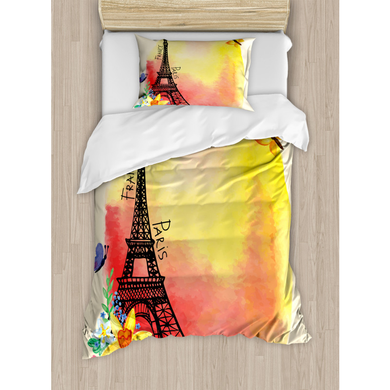 Romantic Floral Eiffel Duvet Cover Set