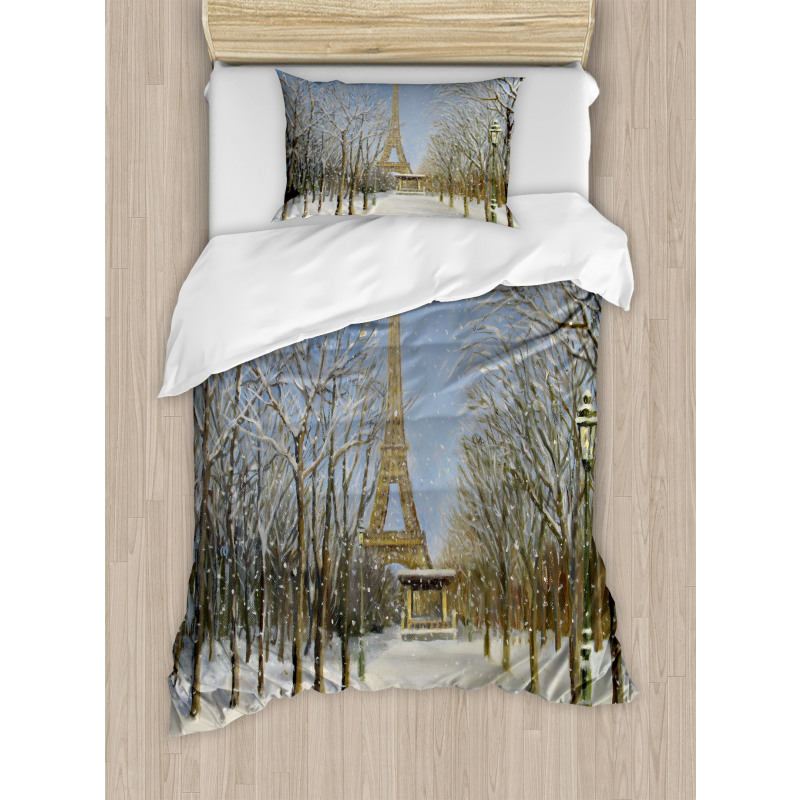 Snowy Paris City View Duvet Cover Set