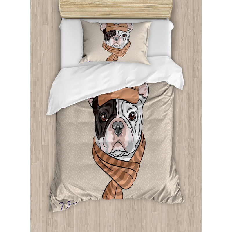 Hipster Bulldog with Cap Scarf Duvet Cover Set