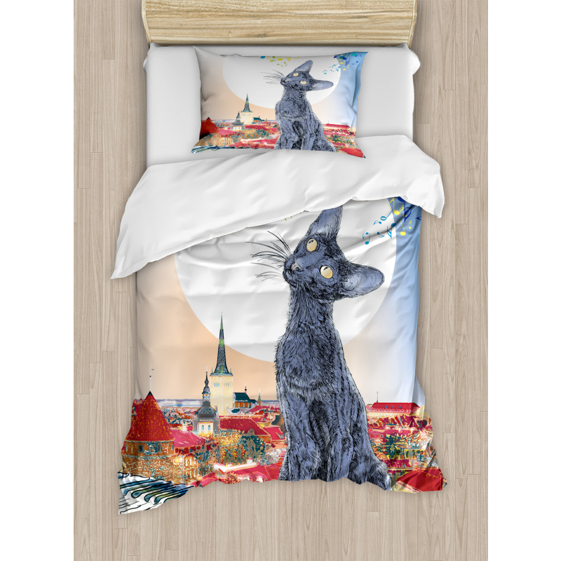 Cat on Rooftop Sunset Music Duvet Cover Set