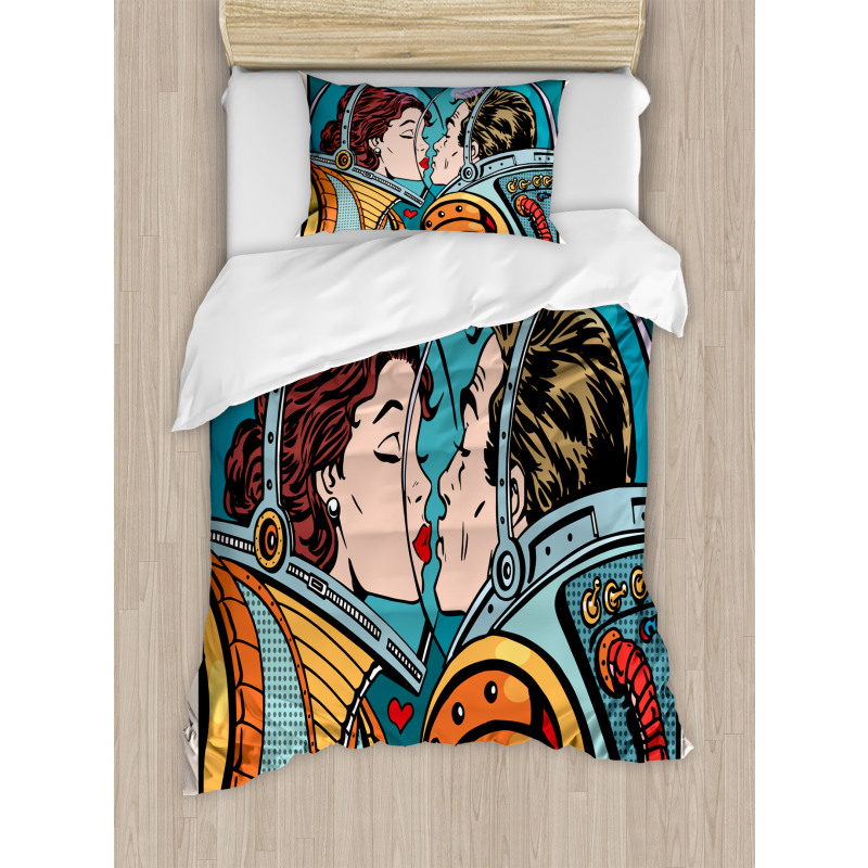 Cartoon Kiss in Space Duvet Cover Set