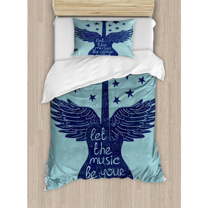 Music Guitar Wings Blue Duvet Cover Set