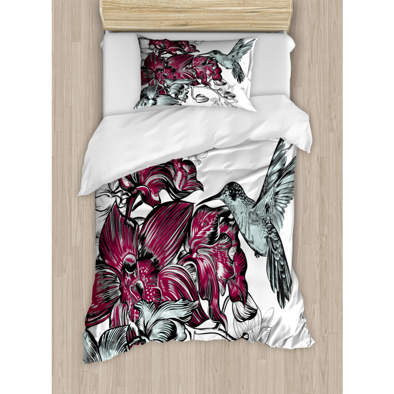Orchids and Hummingbird Duvet Cover Set