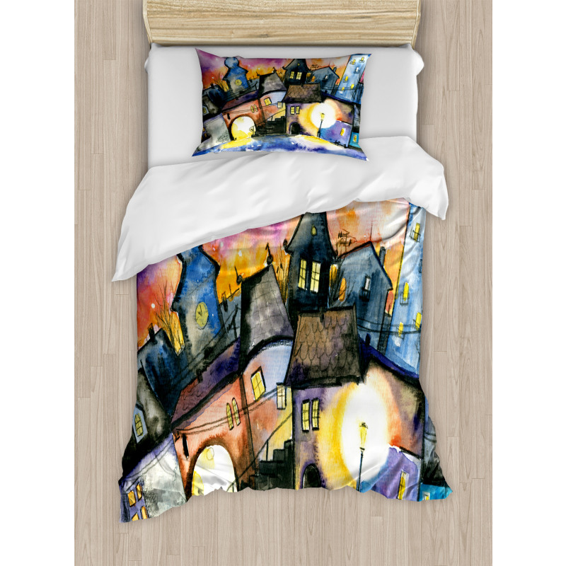 Town Night Watercolor Duvet Cover Set