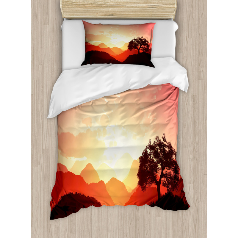 Sunset Tree Mountains Duvet Cover Set