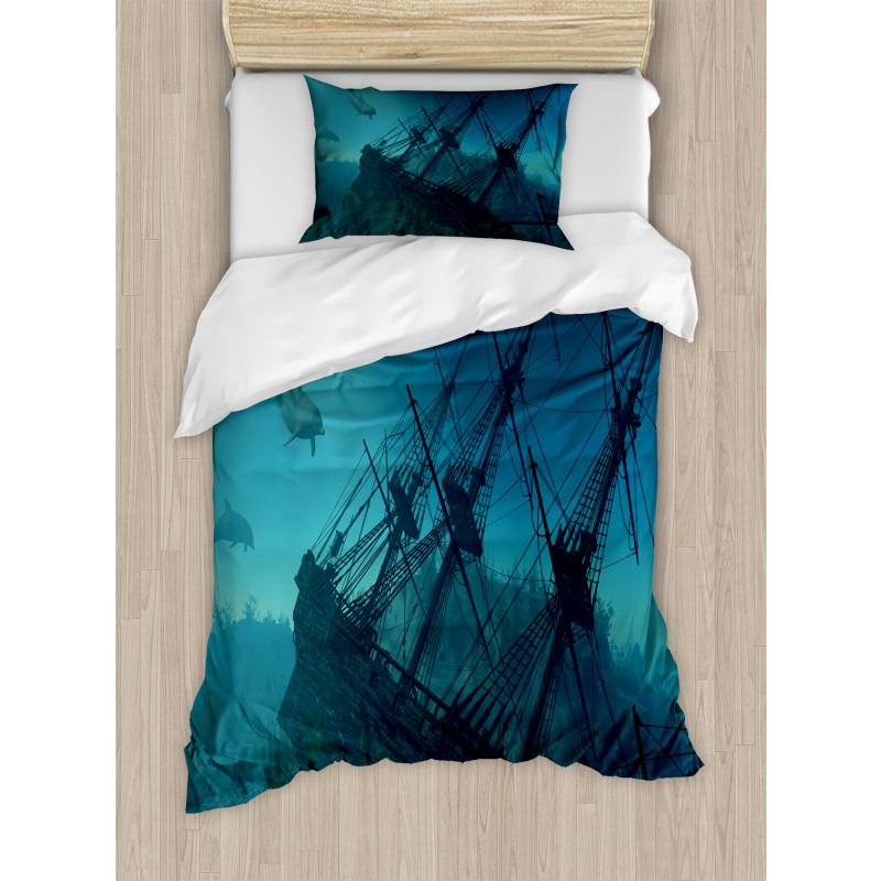 Dolphins Ship Sea Duvet Cover Set