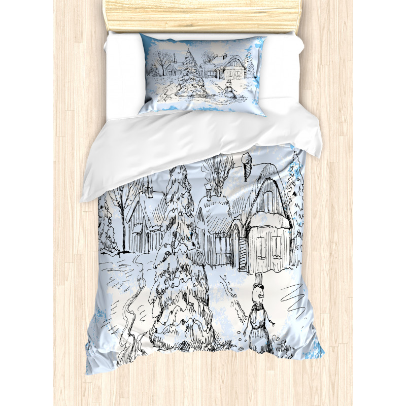 Sketchy Cold Snowy Scene Duvet Cover Set