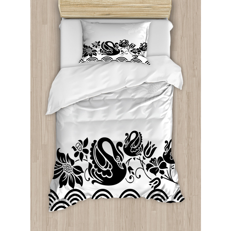 Black Swans and Flowers Duvet Cover Set