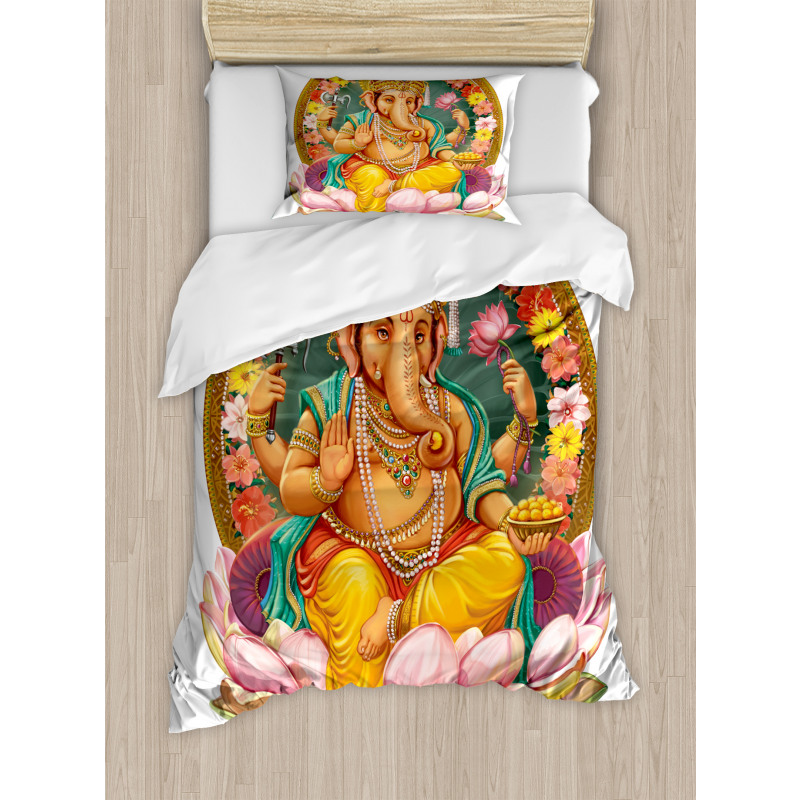 Elephant Figure in a Lotus Duvet Cover Set
