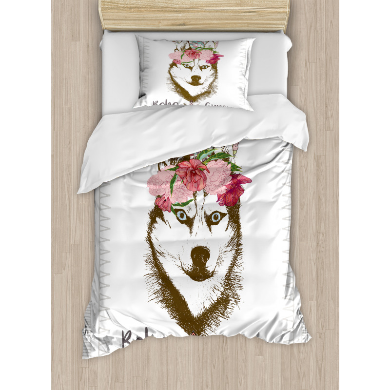 Flowers Feathers Husky Duvet Cover Set