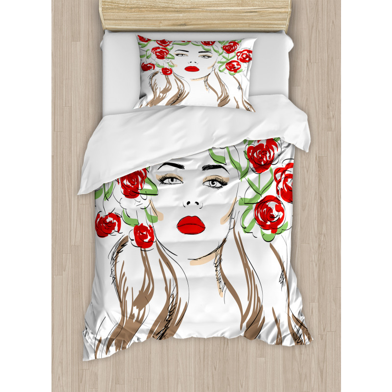 Lady with Floral Ornament Duvet Cover Set