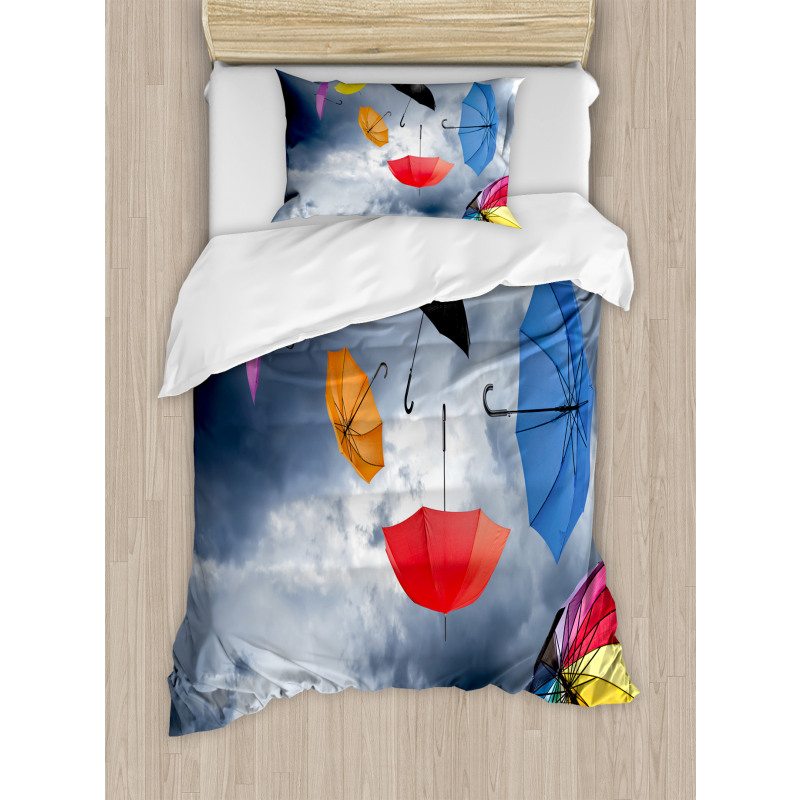 Flying Umbrellas Clouds Duvet Cover Set