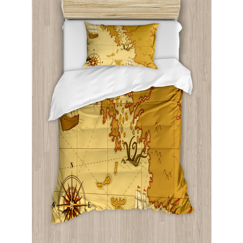 Old Map with Ship Compass Duvet Cover Set