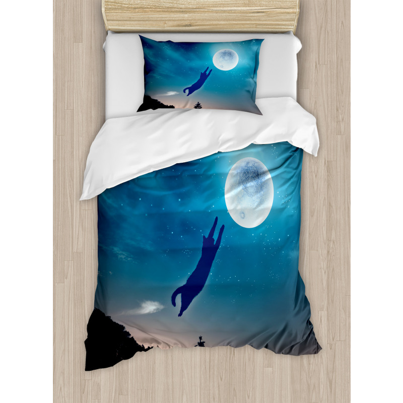 Cat Catching Moon Stars Duvet Cover Set