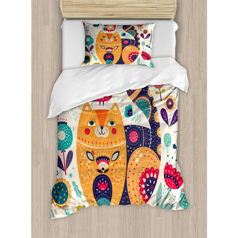 Cat and Flower Leaf Duvet Cover Set