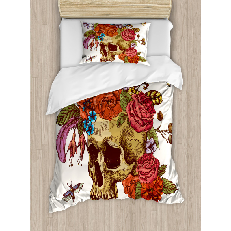 Skull Flowers Bees Duvet Cover Set