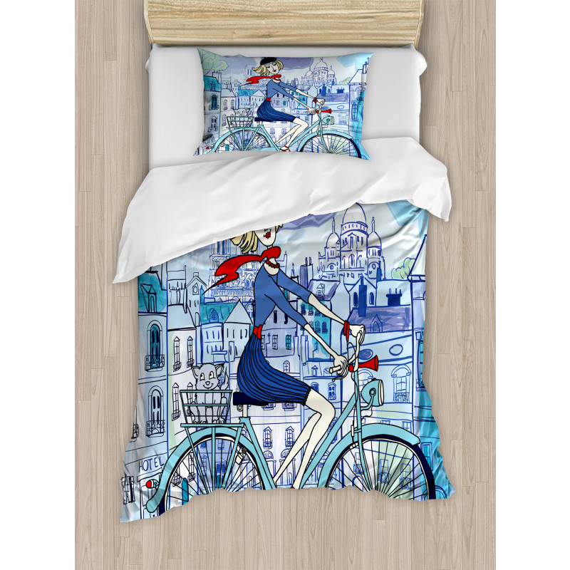Woman on Bicycle with Cat Duvet Cover Set