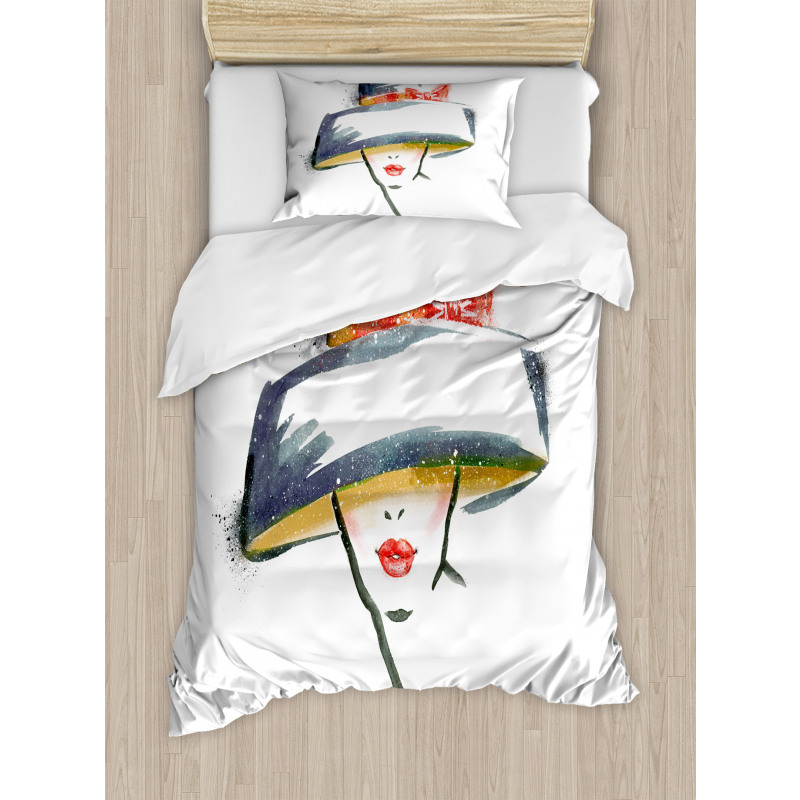 Fashion Woman with a Hat Duvet Cover Set
