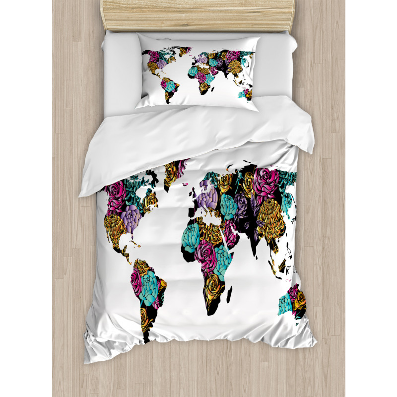 World Map Flowers Duvet Cover Set