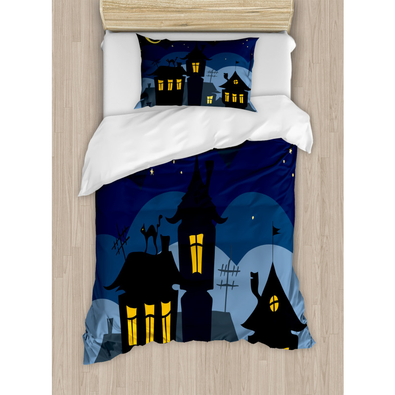 Cartoon Town with Cat Duvet Cover Set