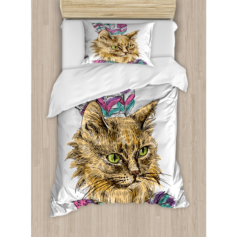 Cat with Colorful Feathers Duvet Cover Set