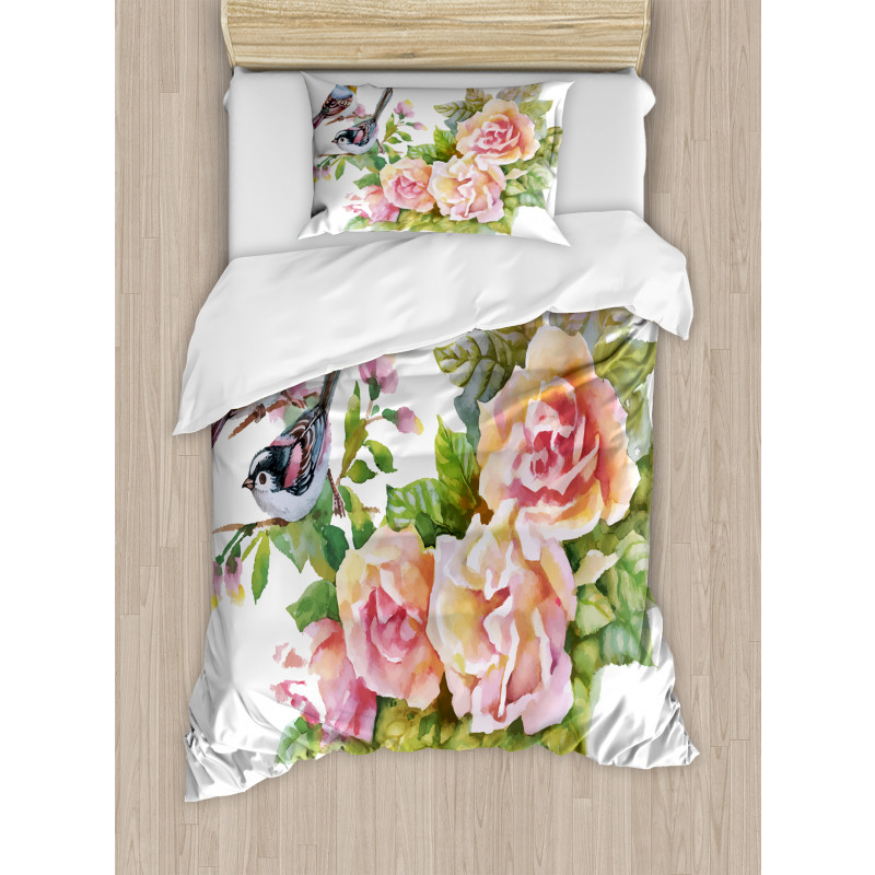 Wild Exotic Birds Roses Duvet Cover Set