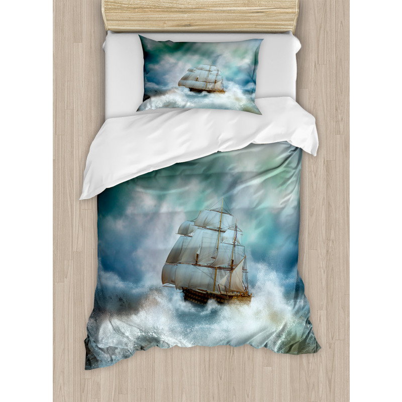 Pirate Ship on Wavy Sea Duvet Cover Set