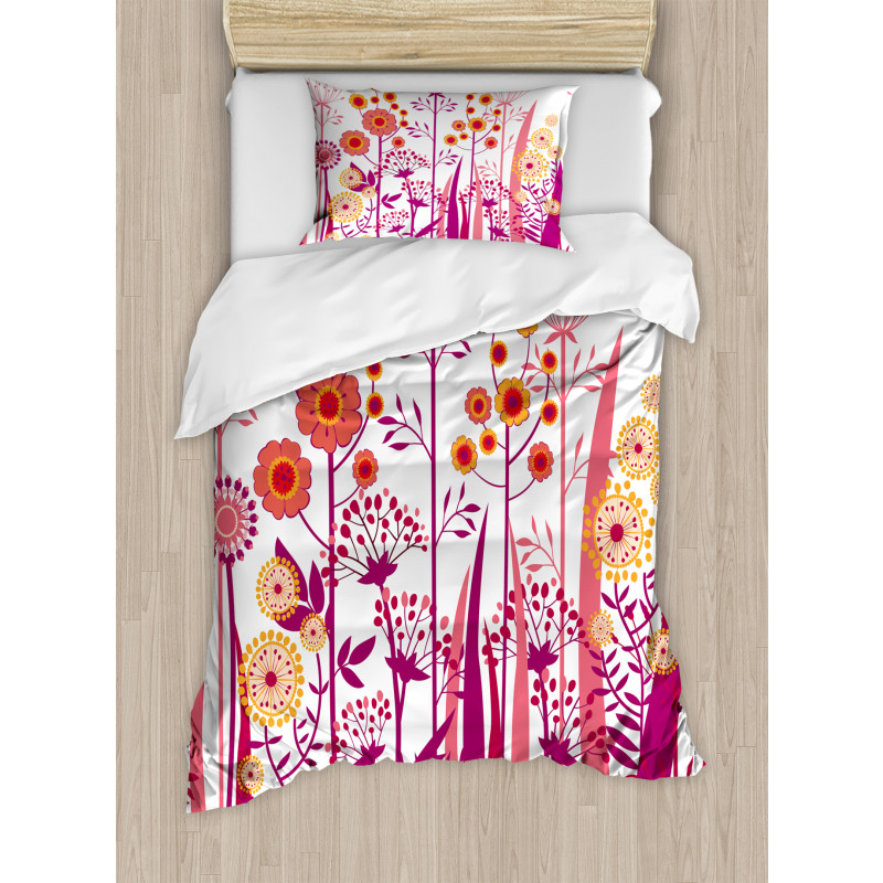 Pink Florals Leaves Buds Duvet Cover Set