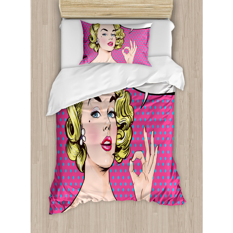 Pop Art Woman OK Sign Duvet Cover Set