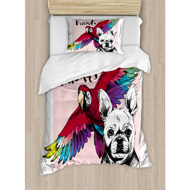 Bulldog Parrot Friends Duvet Cover Set