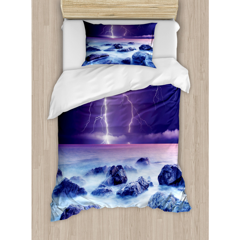 Stormy Sky Ocean Rocks Night Duvet Cover Set