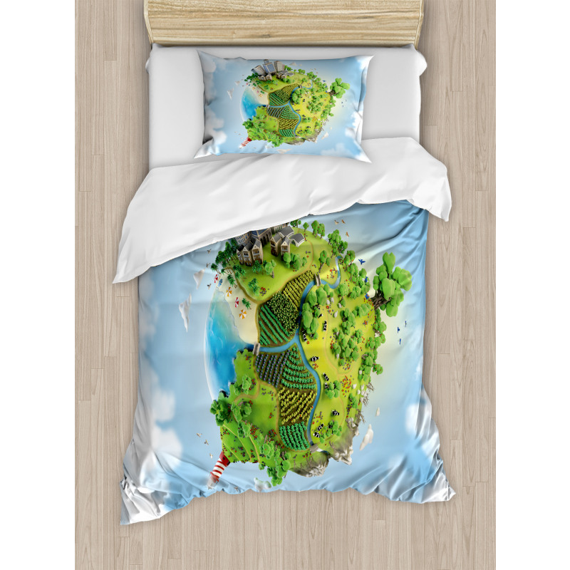 Cartoon Globe Greenery Duvet Cover Set