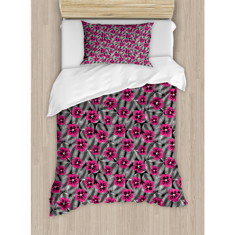 Pink Hibiscus Modern Leaf Duvet Cover Set