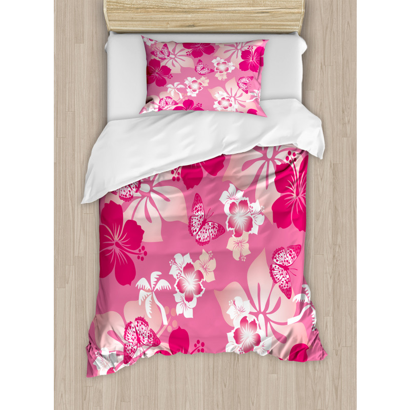 Pink Hibiscus Butterflies Duvet Cover Set