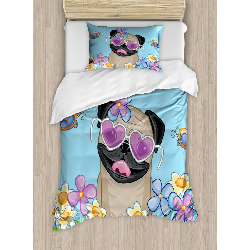 Puppy on the Field Flowers Duvet Cover Set