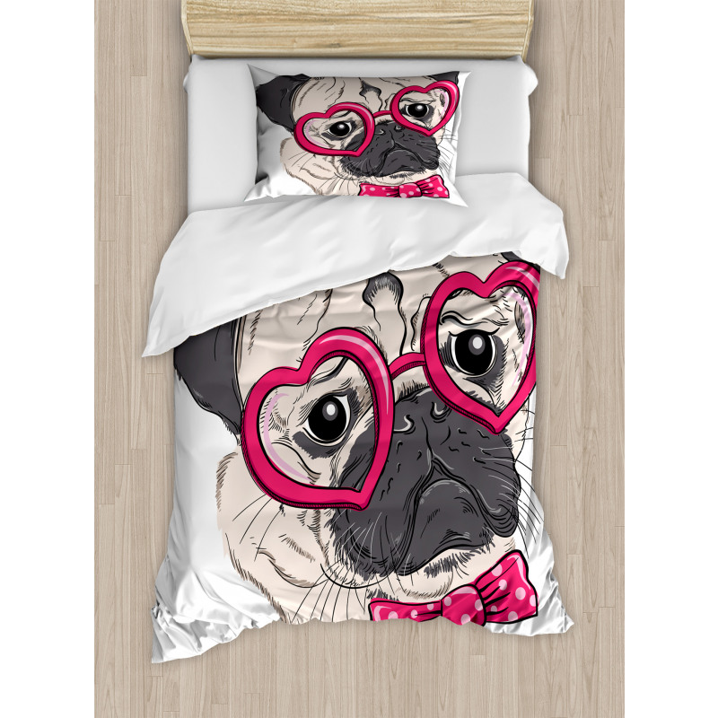 Dog with Heart Glasses Bow Duvet Cover Set