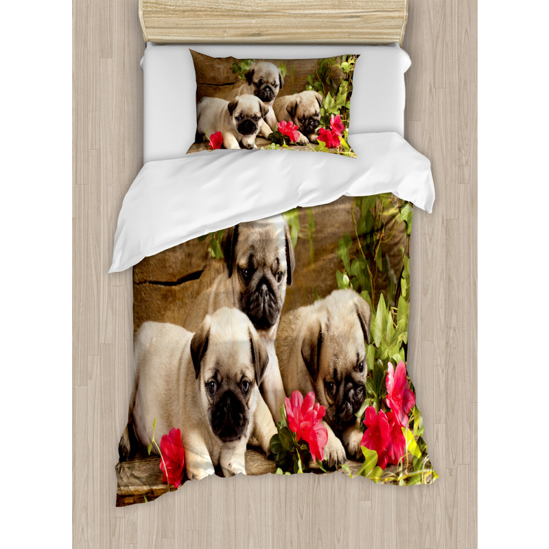 Sibling Puppies Flowers Duvet Cover Set