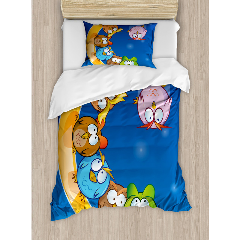 Cartoon Moon Owls Playing Duvet Cover Set