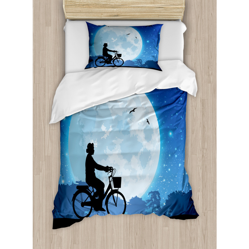 Person Rides Bicycle Night Duvet Cover Set