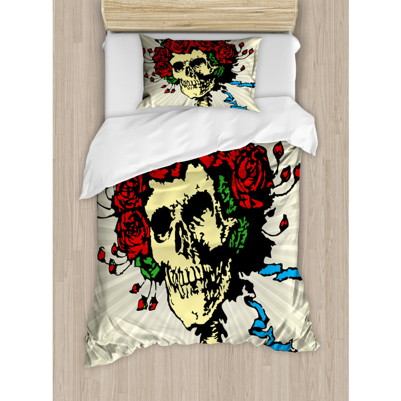 Skull in Red Flowers Crown Duvet Cover Set