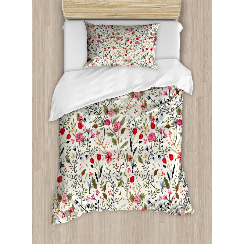 Birds Roses Polka Dots Duvet Cover Set