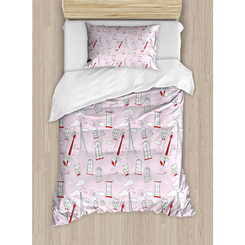 Violin Eiffel Cat Bow Tie Duvet Cover Set