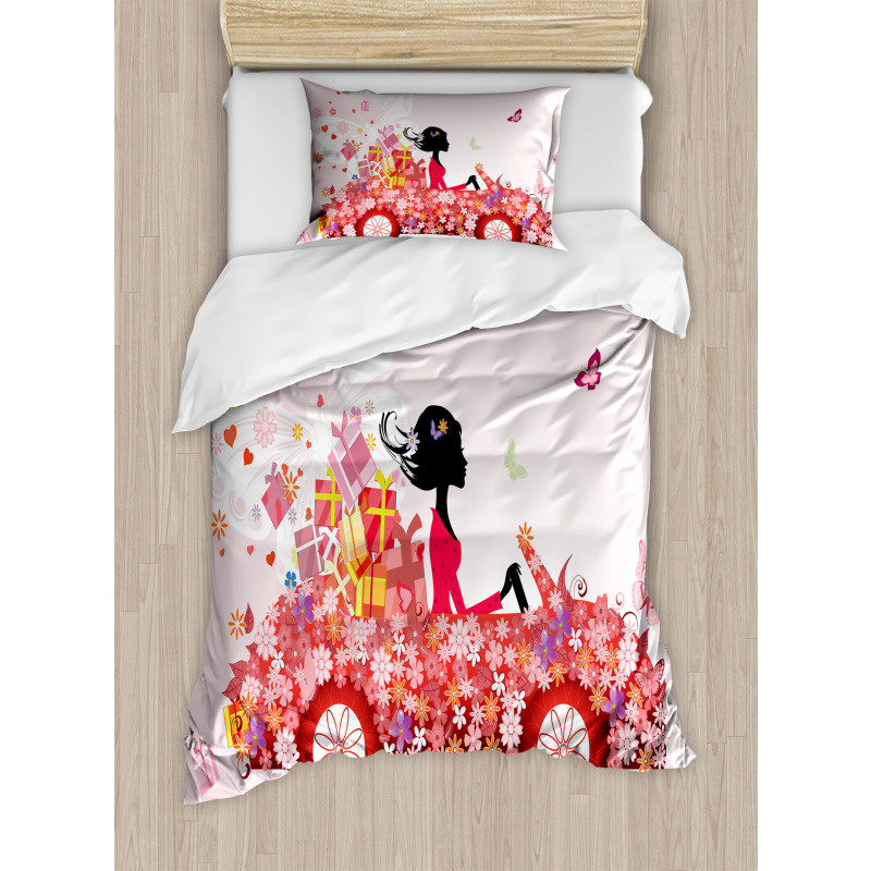 Girl on a Car Floral Box Duvet Cover Set